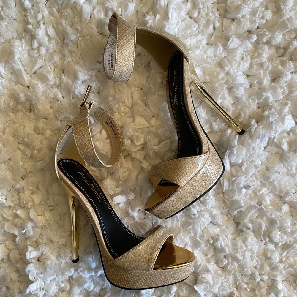 Beige and gold heels